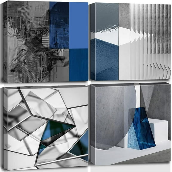 Abstract Geometric Canvas Wall Art Prints Modern Painting Picture for Office Bedroom Living Room Wall Decor (12"x12"-4Pcs, Blue)