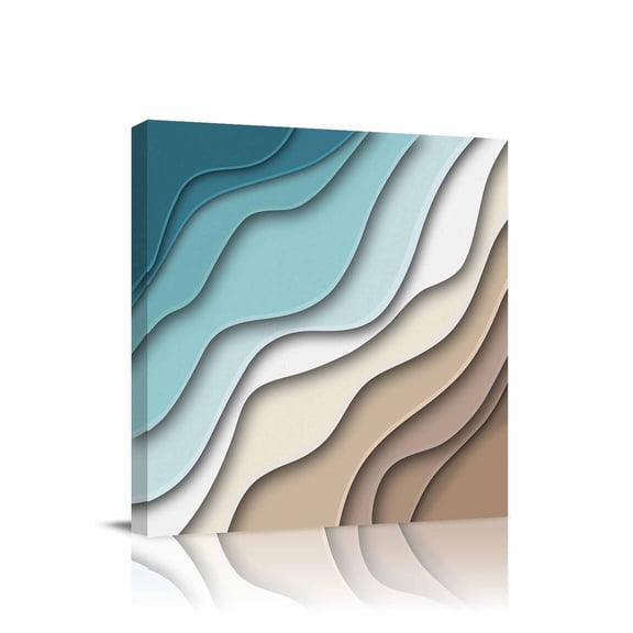 Abstract Geometric Canvas Wall Art, Teal Brown Gradient Waves Beach Framed Wall Decor Modern Artwork Prints Painting for Living Room, Bedroom, Kitchen & Cafe Decor 12x12 Inch