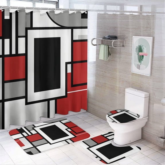 Abstract Geometric Color Shower Curtain Waterproof Bathroom Curtain Set 4pcs with Hooks Rugs Mat Bathroom Curtains Home Decor