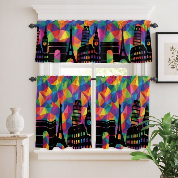 Abstract Geometric Colorful Pattern Curtain Tier and Valance Set 3 Piece,Retro Architecture Art 3-inch Rod Pocket Window Tier Curtains Valance for Kitchen Living Room
