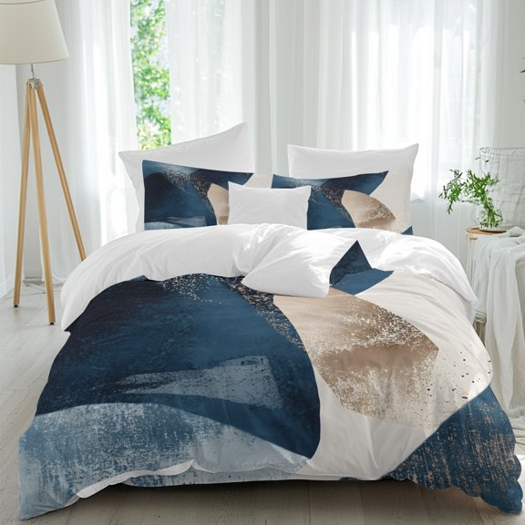 Abstract Geometric Comforter Set Twin Size, Dynamic Deep Blue Gold Art Soft Bedding Set for Man Woman, 4 Pieces Duvet Cover Set with Fitted Sheet, 2 Pillowcases
