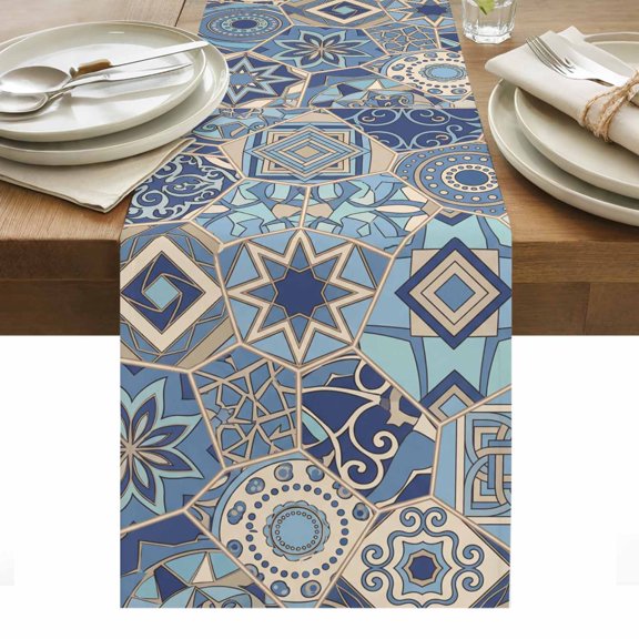 Abstract Geometric Cotton Linen Table Runner Blue Yellow Flower Polygon Patchwork Art Dining Table Runners for Home Decor Party Dining Room Restaurant Kitchen Party 13" x 36"