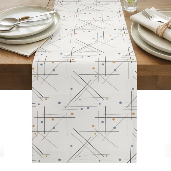 Abstract Geometric Cotton Linen Table Runner Modern Abstract Art Lines Yellow Blue Dots Dining Table Runners for Home Decor Party Dining Room Restaurant Kitchen Party 13" x 36"