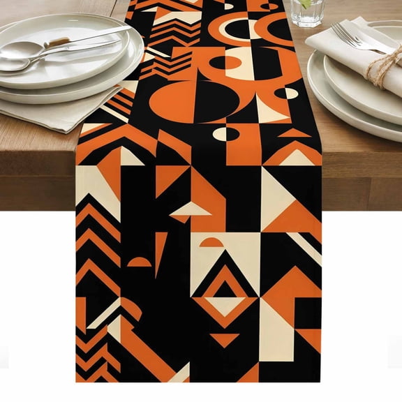 Abstract Geometric Cotton Linen Table Runner Orange Bold Shapes Graphic Modern Black Cream Dining Table Runners for Home Decor Party Dining Room Restaurant Kitchen Party 13" x 48"