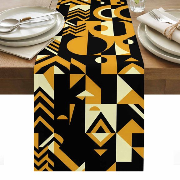 Abstract Geometric Cotton Linen Table Runner Yellow Bold Shapes Graphic Modern Black Cream Dining Table Runners for Home Decor Party Dining Room Restaurant Kitchen Party 13" x 36"