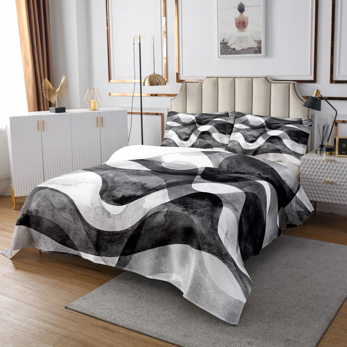 Abstract Geometric Coverlet Set Black White Grey Ombre Striped Quilt Set Queen Grunge Watercolor