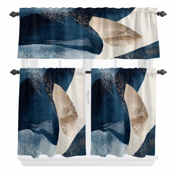 Abstract Geometric Curtain Valances Set Dynamic Deep Blue Gold Art Kitchen Curtains 24 inch Length Rod Pocket Valance and Tiers 3 Piece Set Small Bedroom Bathroom Laundry Decor