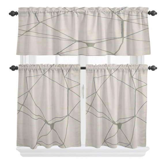 Abstract Geometric Curtain Valances Set Grey Green Splatter Lines Art Kitchen Curtains 24 inch Length Rod Pocket Valance and Tiers 3 Piece Set Small Bedroom Bathroom Laundry Decor