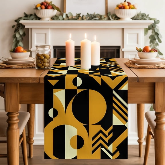 Abstract Geometric Dining Table Runner, Yellow Bold Shapes Graphic Modern Black Cream Washable Table Runners Kitchen Coffee Table Center Decor for Home Party Holiday Wedding 13 x 36 Inches