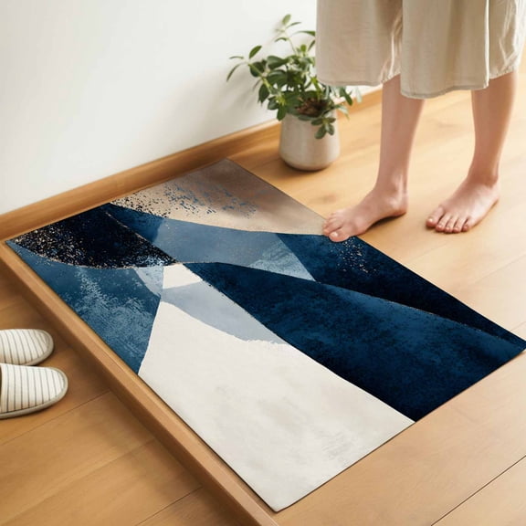 Abstract Geometric Door Mat 16x24 Inch Dynamic Blue Gold Beige Art Entryway Rug with Non-Slip Rubber, Inside Floor Mats Front Door Rug for Living Room Bathroom Bedroom Home Office
