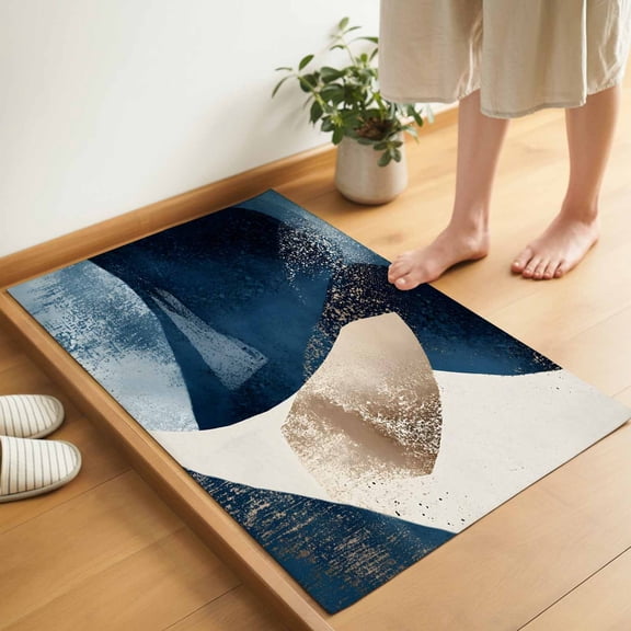 Abstract Geometric Door Mat 16x24 Inch Dynamic Deep Blue Gold Art Entryway Rug with Non-Slip Rubber, Inside Floor Mats Front Door Rug for Living Room Bathroom Bedroom Home Office