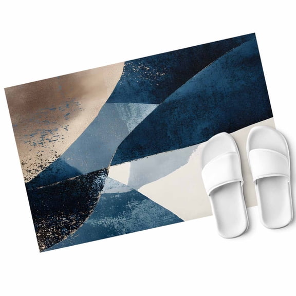 Abstract Geometric Door Mat Dynamic Blue Gold Beige Art Non Slip Absorbent Entrance Mat Washable Low Profile Indoor Doormat for Front Door Entryway Entry 16"x24"