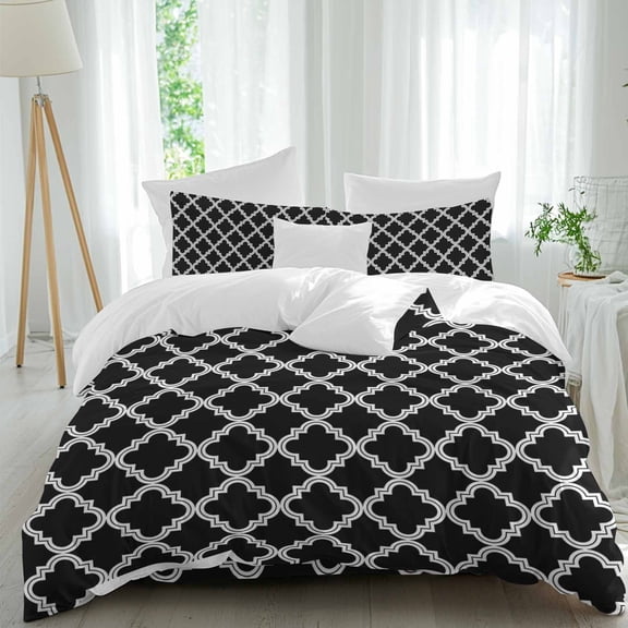 Abstract Geometric Duvet Cover Set Queen Size, Black Moroccan Trellis 4 Piece Soft Microfiber Bedding Set with 1 Duvet Cover, 1 Flat Sheet, 2 Pillowcases