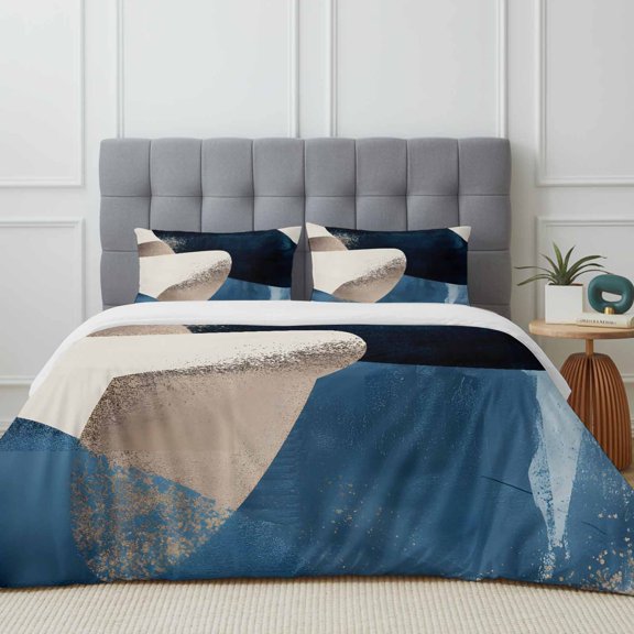 Abstract Geometric Duvet Cover Set Queen Size, Dynamic Gold Deep Blue Art 4 Piece Soft Microfiber Bedding Set with Zipper Closure, 1 Comforter Cover, 1 Flat Sheet, 2 Pillowcases