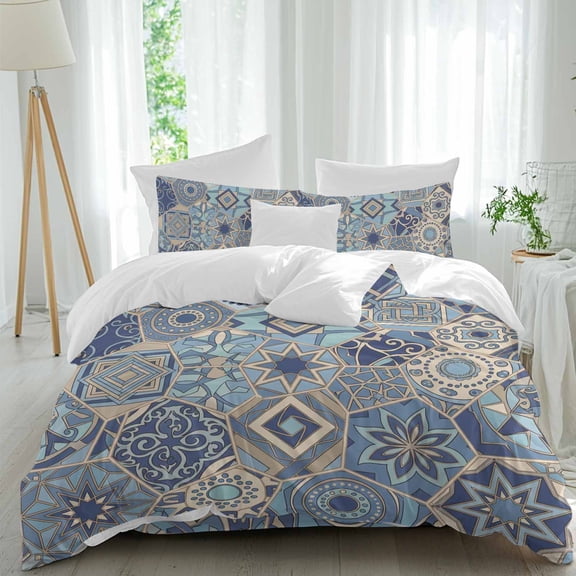 Abstract Geometric Duvet Cover Set Twin Size, Blue Yellow Flower Polygon Patchwork Art 4 Piece Soft Microfiber Bedding Set with Zipper Closure, 1 Comforter Cover, 1 Flat Sheet, 2 Pillowcases