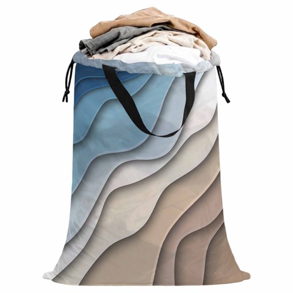 Abstract Geometric Extra Large Laundry Bag 25"x38" Blue Brown Gradient Waves Beach Laundry Storage Bags with Handles & Drawstring Closure, Dirty Clothes Hamper Organizer for College Dorm Travel