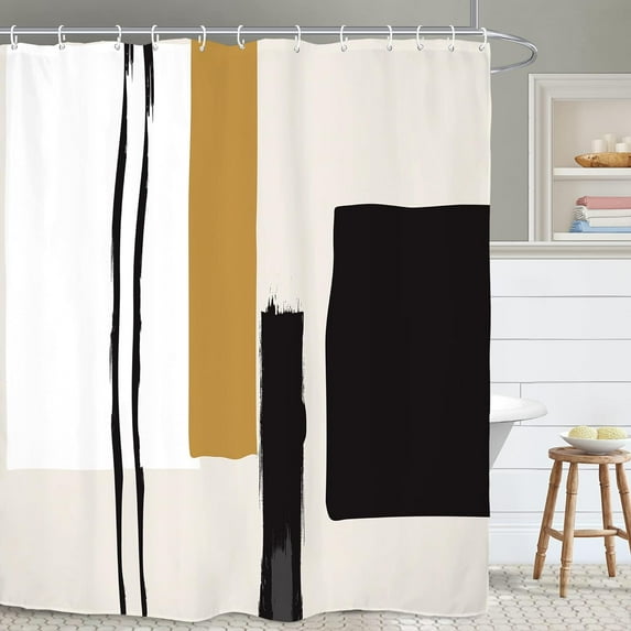 Abstract Geometric Extra Long Bathroom Shower Curtain 71W by 84H Inch Neutral Black Beige Painting Minimalist Modern Tan Contemporary Polyester Fabric 12 Plastic Hooks Waterproof Decor