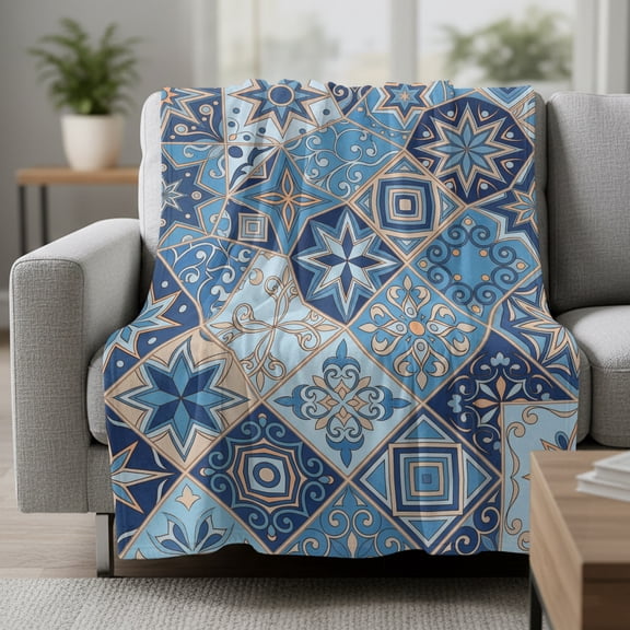 Abstract Geometric Fleece Throw Blanket Blue Yellow Flower Checkered Patchwork Ultra Soft Fuzzy Cozy Flannel Throw Blanket for Couch Sofa Bed Car Travel, Ideal Gifts 50x60 Inches