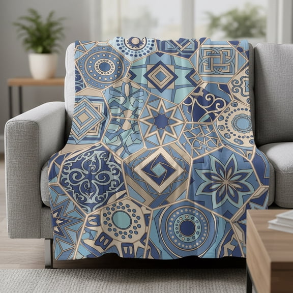 Abstract Geometric Fleece Throw Blanket Blue Yellow Flower Polygon Patchwork Art Ultra Soft Fuzzy Cozy Flannel Throw Blanket for Couch Sofa Bed Car Travel, Ideal Gifts 30x40 Inches