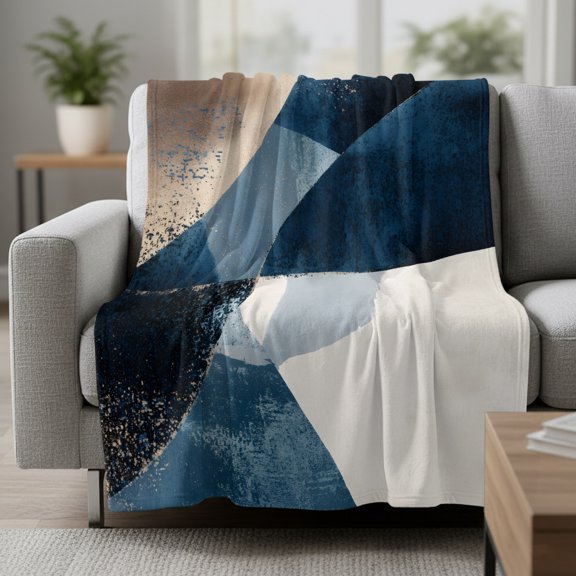 Abstract Geometric Fleece Throw Blanket Lightweight Dynamic Blue Gold Beige Art Fuzzy Flannel Throws Super Soft Cozy Flannel Blanket for Couch, Sofa, Bed, Travel 40"x50"