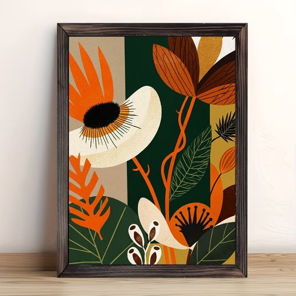 Abstract Geometric Floral Orange Green Block Background Framed Wall Art, Solid Wood Frame Mid Century Modern Botanical Art Print, Minimalist Wall Decor for Living Room Bedroom, 12x16in