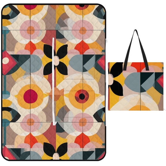 Abstract Geometric Floral Tile Pattern Waterproof Picnic Blanket with Foldable Zipper, Suitable for Outdoor Use, Suitable for Travel, Camping, Beaches, Parks, Grasslands, Picnic Blanket Accessories