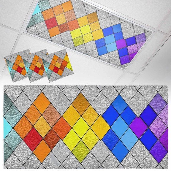 Abstract Geometric Fluorescent Light Covers Modern Gradient Argyle Glass Colored Blocks Magnetic Light Filters Ceiling Lighting Panel Shade for Classroom Office Home 2 x 4 ft, 3 Pack
