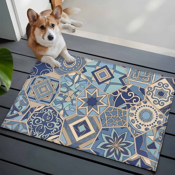 Abstract Geometric Front Door Rugs 2x3 ft Blue Yellow Flower Polygon Patchwork Art Small Rug for Entryway Non Slip Washable Bathroom Door Mat Absorbent Floor Mat for Indoor Entrance