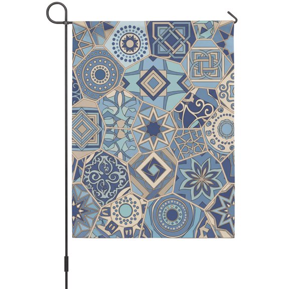 Abstract Geometric Garden Flags For Outdoor, Blue Yellow Flower Polygon Patchwork Art Small Double Side Yard Flags Weather Proof Garden Decor for Lawn Outside Holiday 12 x 18 Inches