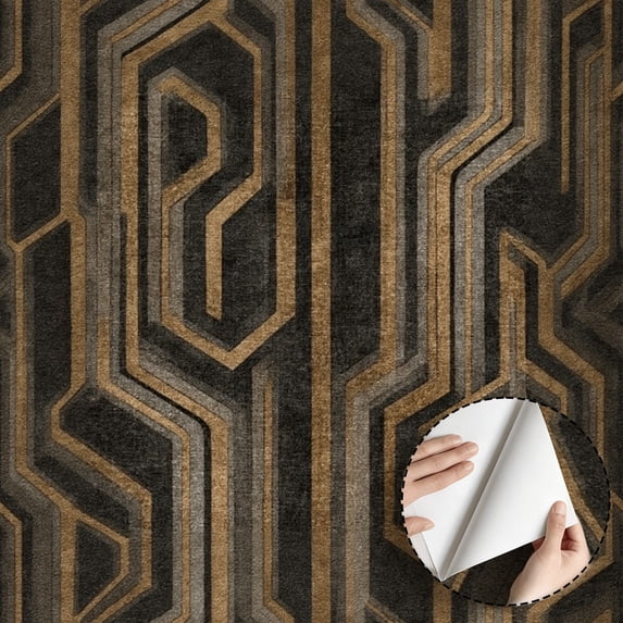 Abstract Geometric Gold and Black Lines Wallpaper, Modern Contemporary Home Decor, Self adhesive and removable, waterproof, for Living Room, Bedroom, Kitchen Cabinet, Drawer, 17.7 * 118 in
