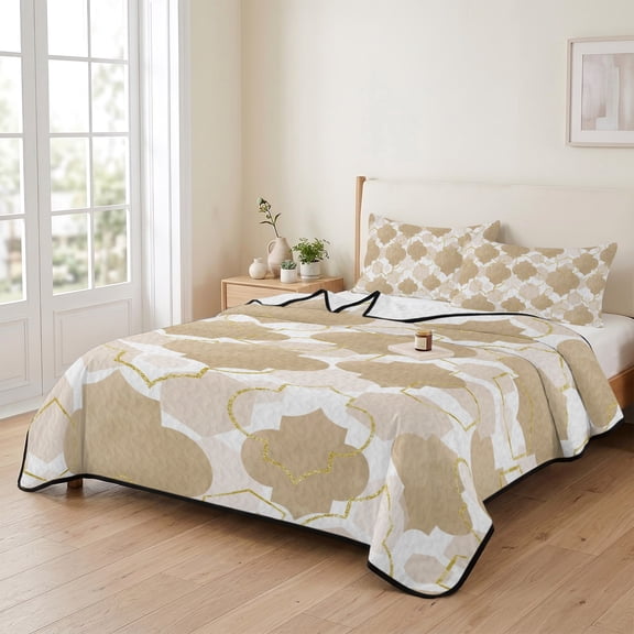 Abstract Geometric Gold Diamond 3 Pieces Quilt Set,1 Quilt with 2 Shams,Beige Brown Moroccan Pattern Bedspread Soft Lightweight Bedding Coverlet Comforter Set for All Season 90"x96"