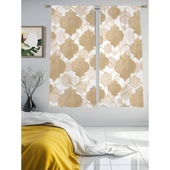 Abstract Geometric Gold Diamond Sheer Curtains 2 Panels Set Beige Brown Moroccan Pattern Lihgt Filtering Rod Pocket Voile Drape,Semi Sheer Window Curtains for Bedroom Living Room,52"x63"
