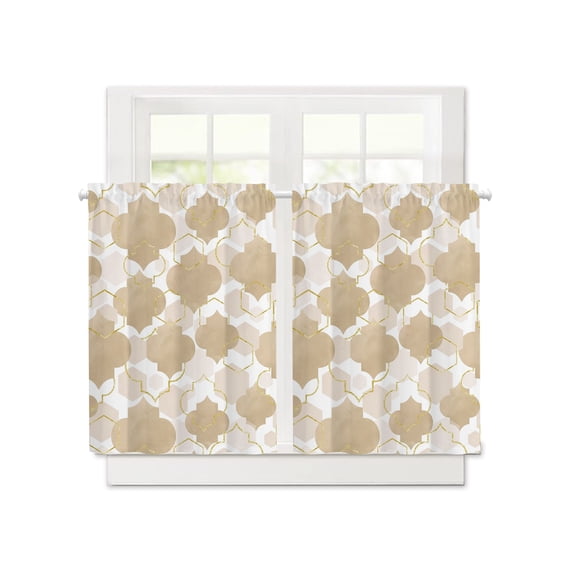 Abstract Geometric Gold Diamond Short Blackout Curtains 36 Inch Long,Beige Brown Moroccan Pattern Rod Pocket Kitchen Curtains,2 Panels Thermal Insulated Room Darkening Drapes for Bedroom,30"W x 36"L