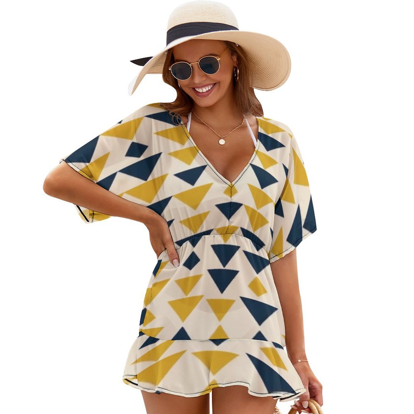 Abstract Geometric Gold Navy Pattern Beach Cover Ups Women V Neck Short ...
