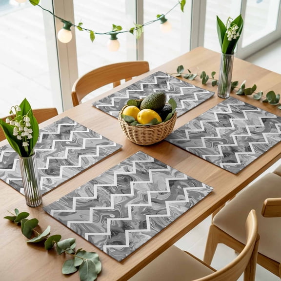 Abstract Geometric Grey Stripe Zigzag Chevron Placemats Set of 4,Wipeable Washable Table Mats for Dining Tables, Modern Marble Line Place Mats for Kitchen Event Party Tabletop Decor