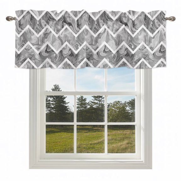 Abstract Geometric Grey Stripe Zigzag Chevron Valances for Windows Modern Marble Line Rod Pocket Curtain Valance Window Treatment Short Curtains for Kitchen Living Room,42x12in
