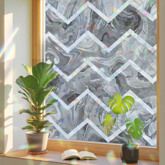 Abstract Geometric Grey Stripe Zigzag Chevron Window Privacy Film, Rainbow Film Decorative Window Sticker 17.7x39.3in, Modern Marble Line Sun Blocking Static Stained Glass Cling Tint Non-Adhesive