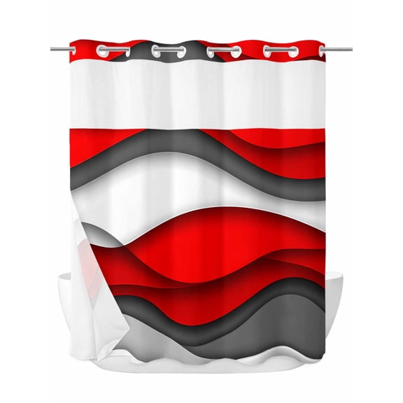 Abstract Geometric No Hook Shower Curtain and Liner Set Red Gray Gradient Waves Contemporary Shower Curtains with Snap-in Liner & See Through Top Window Hotel Style for Bathroom Decor 72x72 Inch