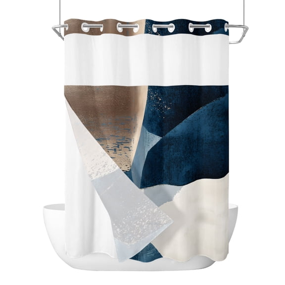 Abstract Geometric No Hook Shower Curtain with Snap in Liner, Dynamic Blue Gold Beige Art Waterproof Shower Curtain for Bathroom with Top Sheer Window, 48x72 Inch