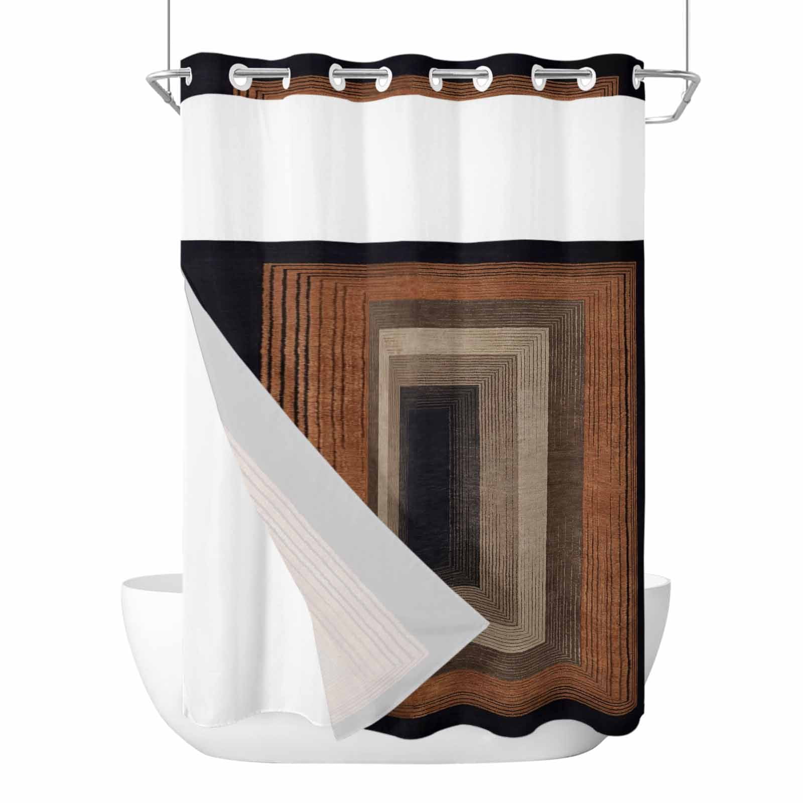 Abstract Geometric No Hook Shower Curtain and Snap in Liner Set, Black ...