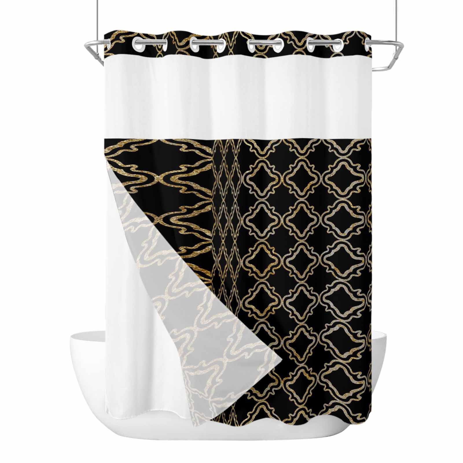 Abstract Geometric No Hook Shower Curtain and Snap in Liner Set, Modern ...