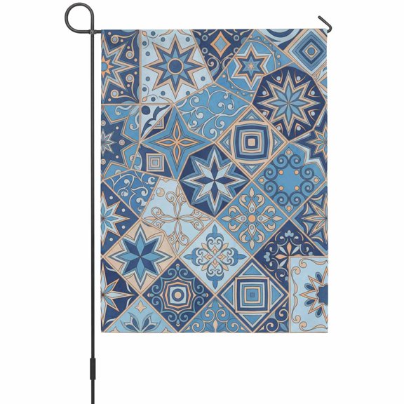 Abstract Geometric House Flag 28 x 40 Inches, Blue Yellow Flower Checkered Patchwork Weather Proof Outdoor Patio Flags Double Sided Small House Decoration for Yard Lawn Outside Home
