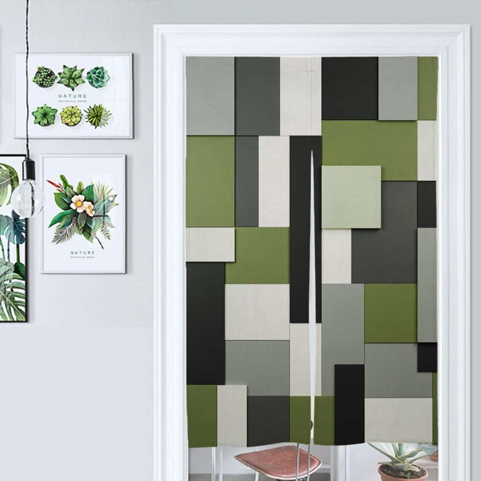 Abstract Geometric In Green Black Grey Door Curtain Nordic Living Room