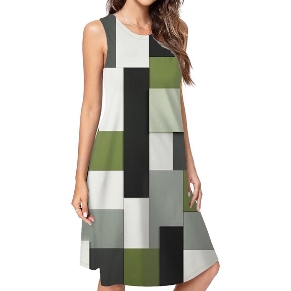 Abstract Geometric In Green Black Grey Spring Summer Dresses For Women Fashion Dress Casual Sleeveless Loose Sundress With Pockets