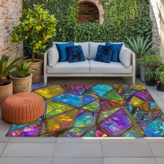 Abstract Geometric Indoor Outdoor Rugs 5x8 Ft, Rainbow Gradient Crystal Color Blocks Modern Outdoor Patio Rugs Mat Washable Outside Area Rugs Carpet for Porch Deck RV Camping Pool Balcony Backyard