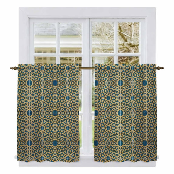 Abstract Geometric Kitchen Curtains 54 Inch Length, Traditional Tribe Abstract Pattern Yellow Tiers Curtains for Bathroom Bedroom Cafe, Light Filtering Window Treatment Drapes 2 Panels 42"Wx54"L