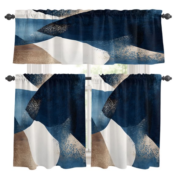 Abstract Geometric Kitchen Curtains Set for Windows, Dynamic Blue Gold Art Curtains Valance and Tier 3 Piece Set Small Drapes 24 Inch Length for Kitchen Bedroom Decor
