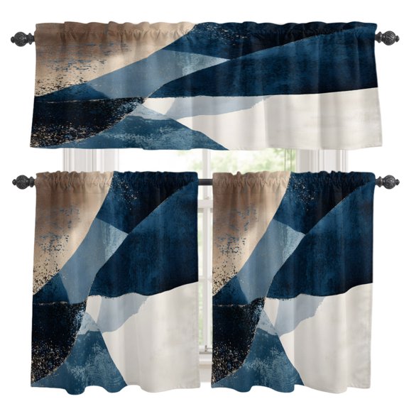 Abstract Geometric Kitchen Curtains Set for Windows, Dynamic Blue Gold Beige Art Curtains Valance and Tier 3 Piece Set Small Drapes 24 Inch Length for Kitchen Bedroom Decor