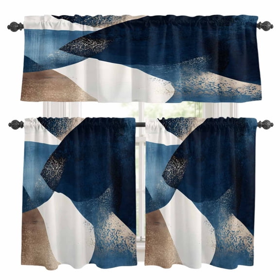 Abstract Geometric Kitchen Curtains Valance and Tier Set Dynamic Blue Gold Art Rod Pocket Short Curtains for Small Window 3 Pieces Set for Bedroom Bathroom Cafe (54" x 18"+27" x 24")