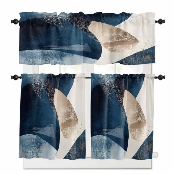 Abstract Geometric Kitchen Curtains Valance and Tier Set Dynamic Deep Blue Gold Art Rod Pocket Short Curtains for Small Window 3 Pieces Set for Bedroom Bathroom Cafe (54" x 18"+27" x 24")